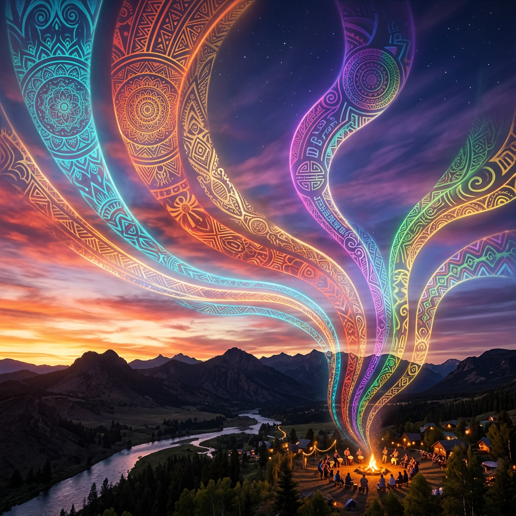 Group sitting around campfire with colorful mystical patterned smoke rising into starry sky over mountains