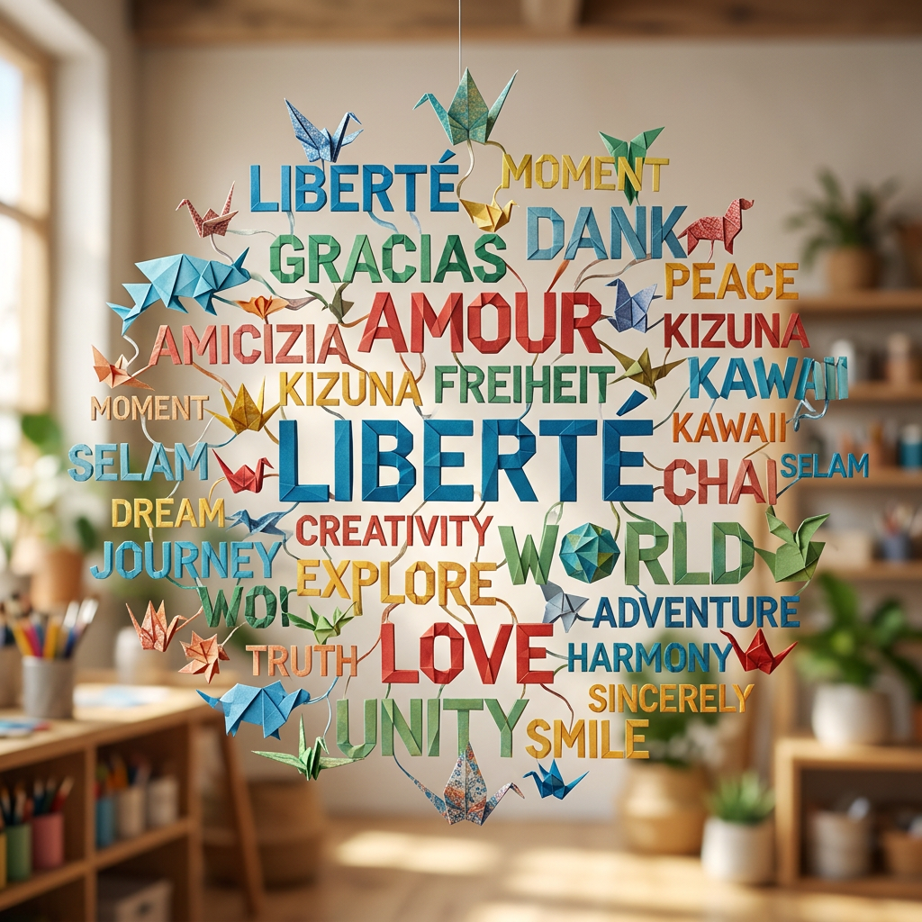Origami art with words like LIBERTÉ, AMOUR, LOVE, UNITY, and PEACE in multiple languages