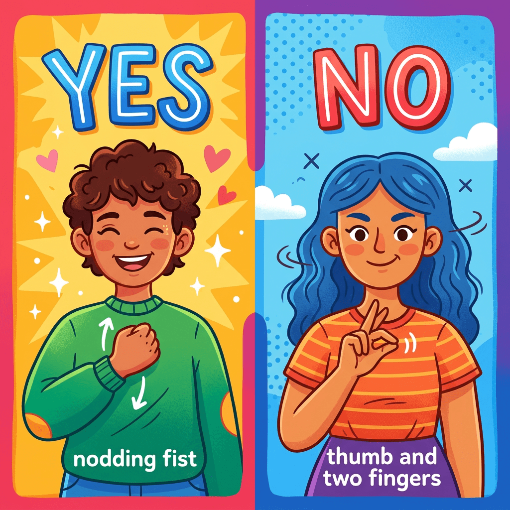 Person signing yes with nodding fist and person signing no with thumb and two fingers