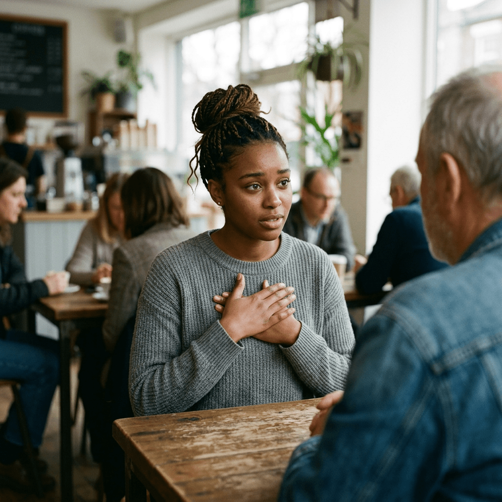 Young woman expressing emotion while talking to older man in café